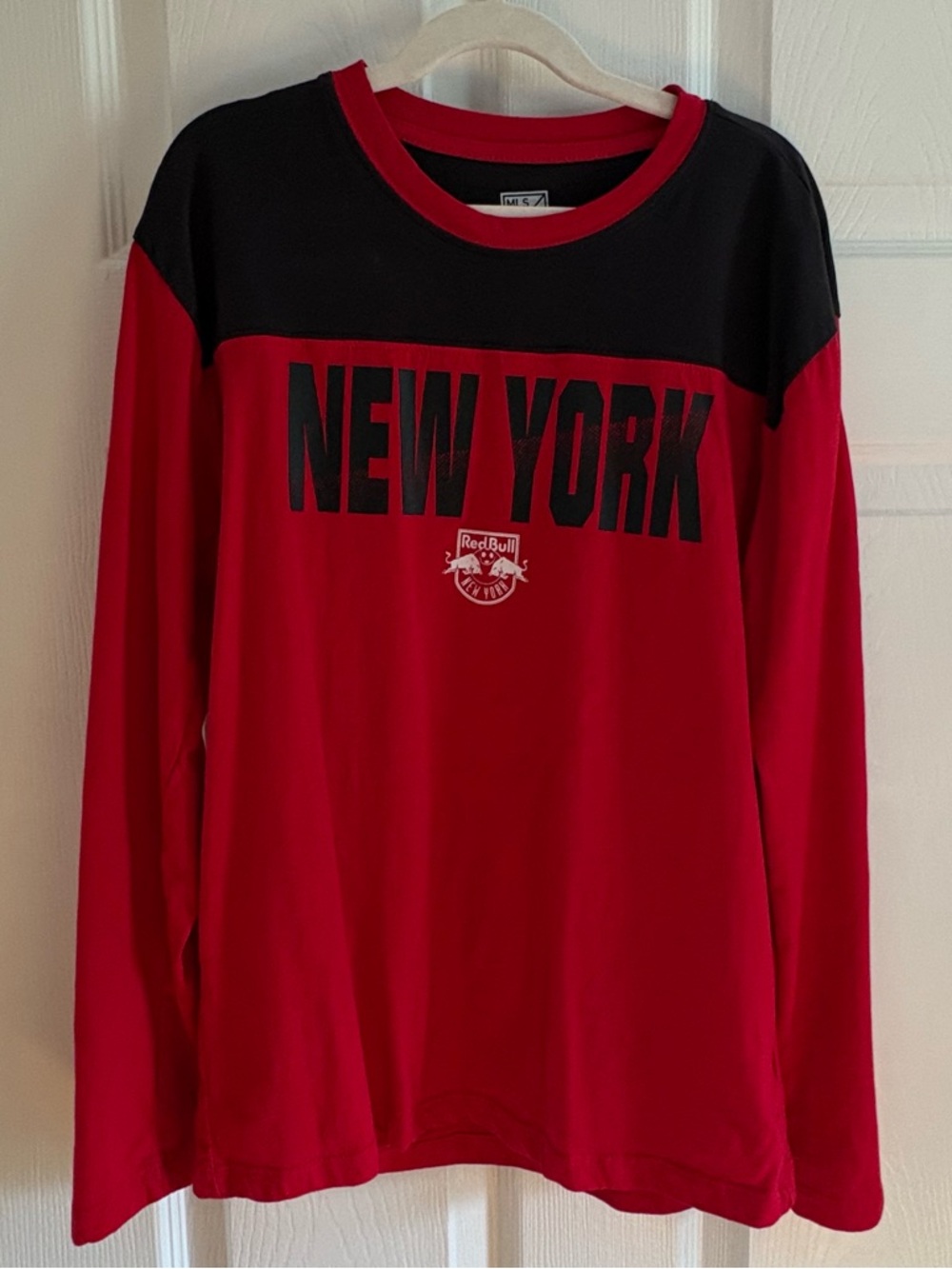 MLS Boys New York Red Bulls Long Sleeve Tee Red Black Medium 10-12 Cotton